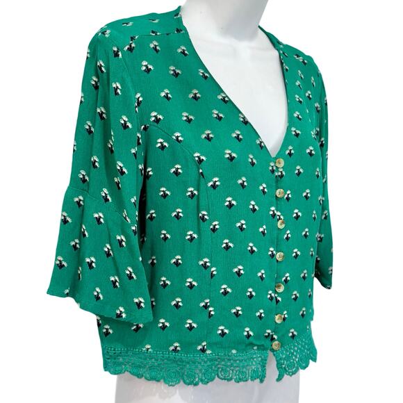 Superdry Cropped Green Floral Button Down Boxy Short Sleeve Lace Trim Top size 8 - Picture 3 of 9